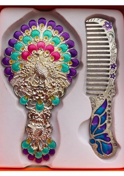 Ayna Tarak Seti, Kutulu-Metal-Hediyelik Takım, 13CM Aynalı Saç Fırçası, Tavuskuşu Figürlü fiyatları
