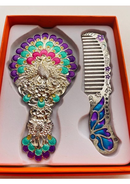 Ayna Tarak Seti, Kutulu-Metal-Hediyelik Takım, 13CM Aynalı Saç Fırçası, Tavuskuşu Figürlü modelleri