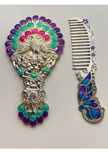 Ayna Tarak Seti, Kutulu-Metal-Hediyelik Takım, 13CM Aynalı Saç Fırçası, Tavuskuşu Figürlü indirimleri