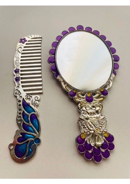 Ayna Tarak Seti, Kutulu-Metal-Hediyelik Takım, 13CM Aynalı Saç Fırçası, Tavuskuşu Figürlü