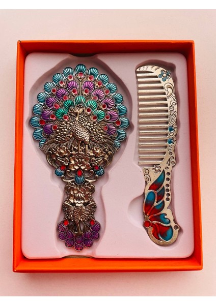 Ayna Tarak Seti, Kutulu-Metal-Hediyelik Takım, 13CM Aynalı Saç Fırçası, Tavuskuşu Figürlü