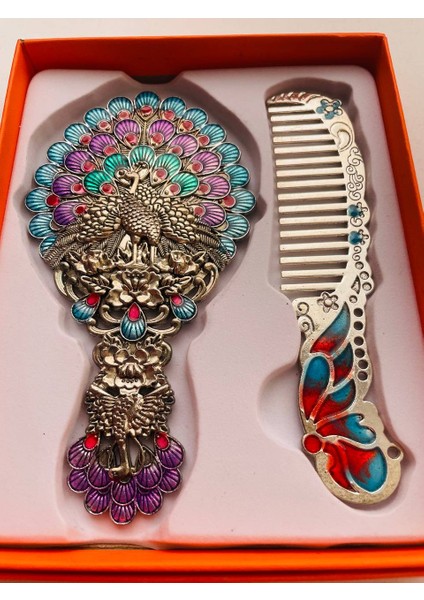 Ayna Tarak Seti, Kutulu-Metal-Hediyelik Takım, 13CM Aynalı Saç Fırçası, Tavuskuşu Figürlü modelleri