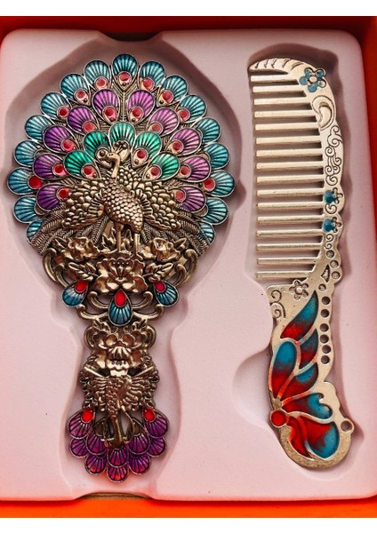 Ayna Tarak Seti, Kutulu-Metal-Hediyelik Takım, 13CM Aynalı Saç Fırçası, Tavuskuşu Figürlü fırsatları