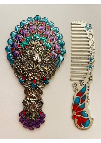 Ayna Tarak Seti, Kutulu-Metal-Hediyelik Takım, 13CM Aynalı Saç Fırçası, Tavuskuşu Figürlü indirimleri