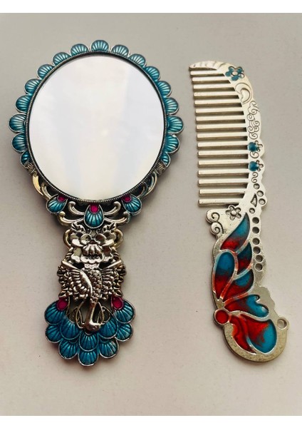 Ayna Tarak Seti, Kutulu-Metal-Hediyelik Takım, 13CM Aynalı Saç Fırçası, Tavuskuşu Figürlü