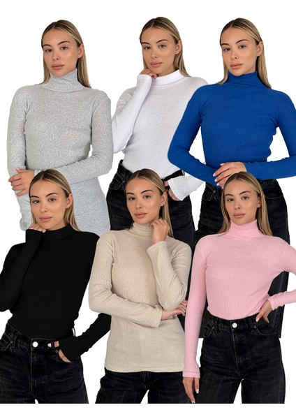 Unisex Pamuklu Balıkçı Yaka Boğazlı Kazak 6'lı Set - Siyah Beyaz Bej Saks Gri Pembe