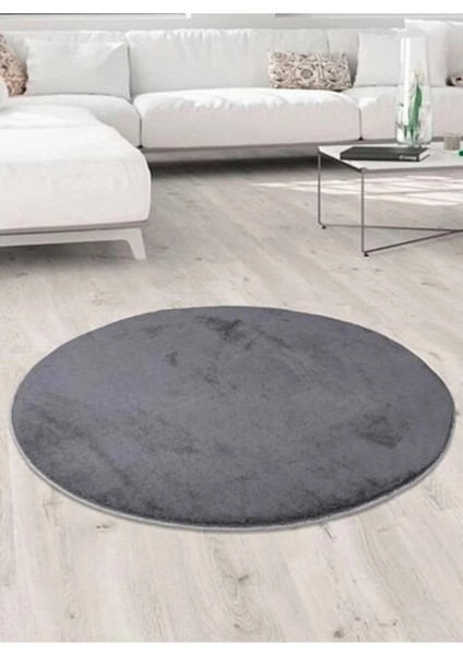 Koyu Gri Yuvarlak Kaymaz Taban Halı Yıkanabilir Dekoratif Peluş Halı