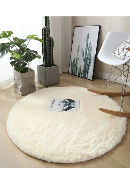 Krem Yuvarlak Kaymaz Taban Halı Yıkanabilir Dekoratif Peluş Halı