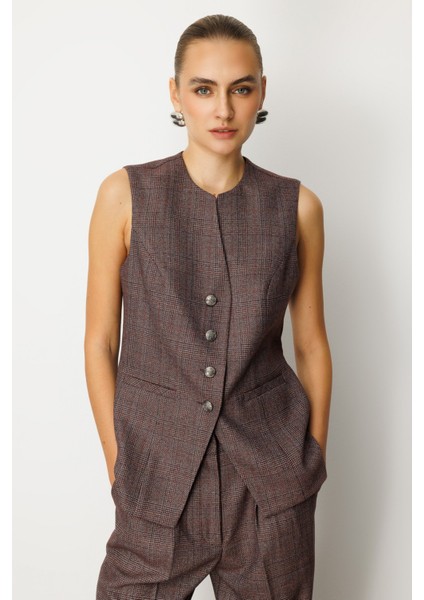 Kadın Ekoseli Fleto Cepli Yelek 5165 Bordo