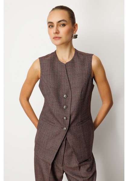 Kadın Ekoseli Fleto Cepli Yelek 5165 Bordo fiyatları