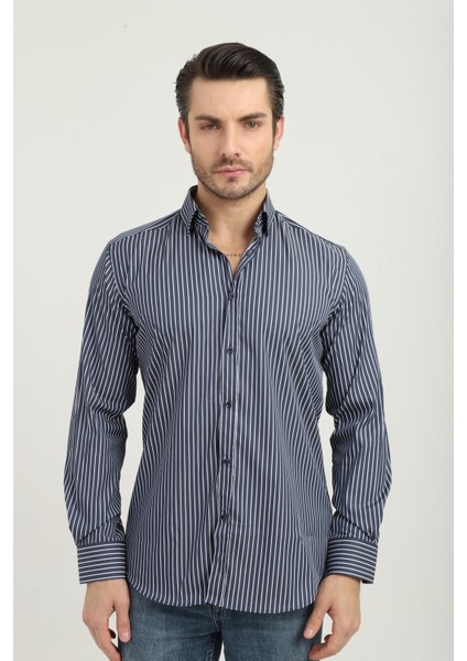 Regularfit Lacivert Çizgili Erkek Gömlek Likralı Esnek Kumaş Yaka Alttan Düğmeli AR0720711-07