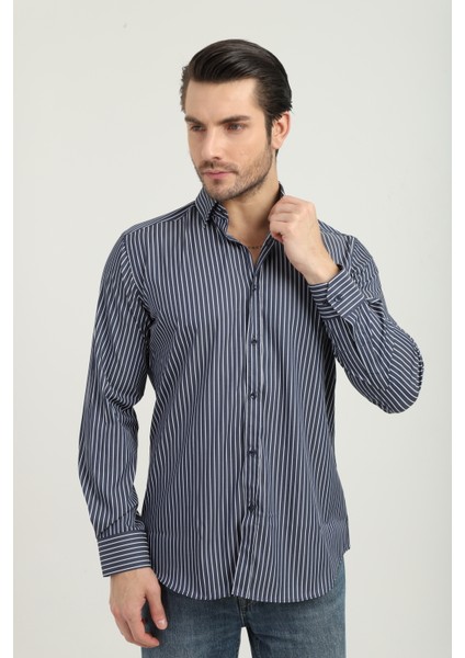 Regularfit Lacivert Çizgili Erkek Gömlek Likralı Esnek Kumaş Yaka Alttan Düğmeli AR0720711-07 fiyatları