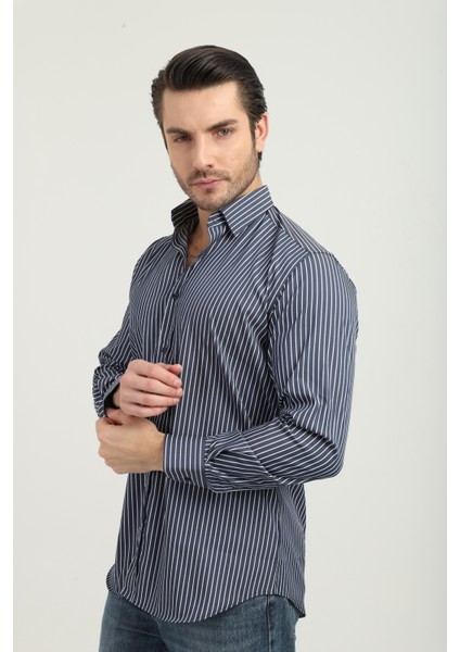 Regularfit Lacivert Çizgili Erkek Gömlek Likralı Esnek Kumaş Yaka Alttan Düğmeli AR0720711-07 modelleri