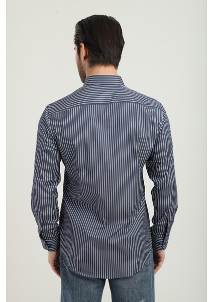 Regularfit Lacivert Çizgili Erkek Gömlek Likralı Esnek Kumaş Yaka Alttan Düğmeli AR0720711-07 fırsatları