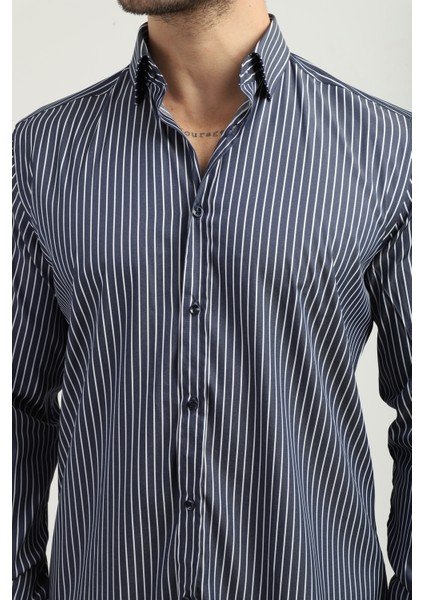 Regularfit Lacivert Çizgili Erkek Gömlek Likralı Esnek Kumaş Yaka Alttan Düğmeli AR0720711-07 indirimleri
