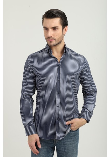 Regularfit Lacivert Çizgili Erkek Gömlek Likralı Esnek Kumaş Yaka Alttan Düğmeli AR0720711-07