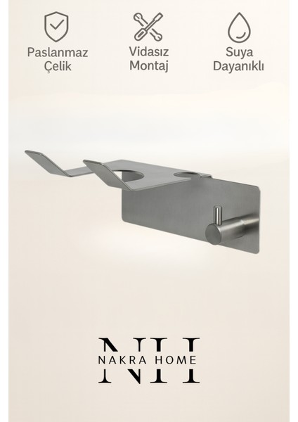 Paslanmaz Çelik Yapışkanlı Fön Makinesi Askılığı | Delmeden Montaj | Neme Dayanıklı