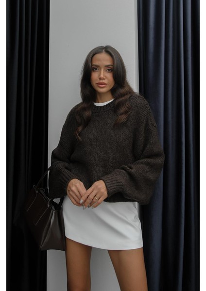 Kahverengi Kalın Örme Bisiklet Yaka Kazak