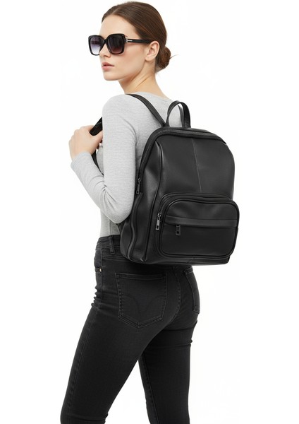 Çok Gözlü Yıkama Deri Siyah Kadın Sırt Çantası