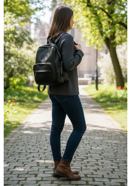 Çok Gözlü Yıkama Deri Siyah Kadın Sırt Çantası modelleri