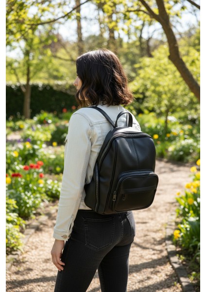 Çok Gözlü Yıkama Deri Siyah Kadın Sırt Çantası fırsatları