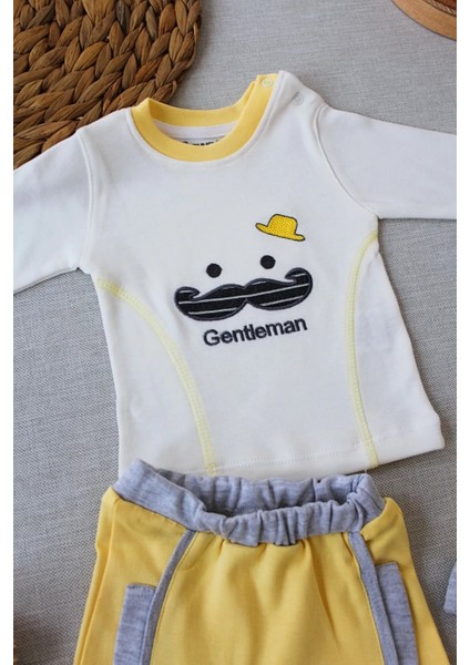 Litaetrend 3-6 6-9 9-12 Ay Gentleman Erkek Nakışlı Şapkalı Uzun Kollu Sweat 3lü Erkek Bebek Takımı Sarı