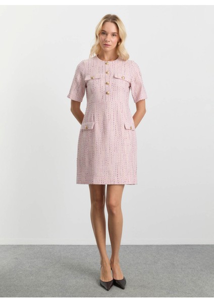 O Yaka Simli Pembe Standart Kadın Elbise 25KSL7700