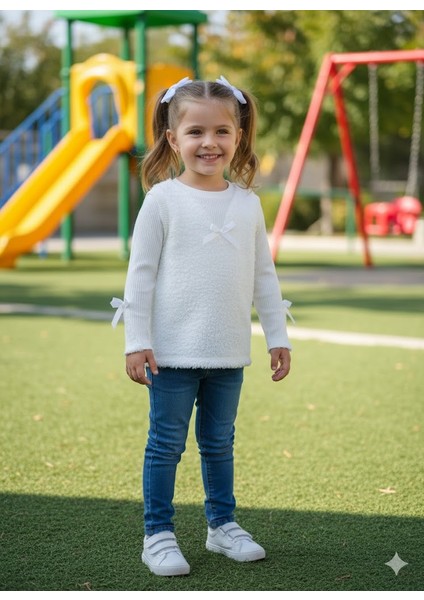 kışlık Fuzzy/peluş Gövdeli Fitilli Kollu Süveter Görünümlü Kız Çocuk Sweat Bluz