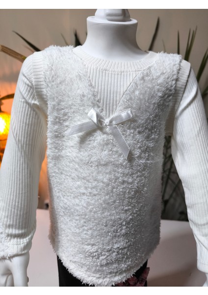 kışlık Fuzzy/peluş Gövdeli Fitilli Kollu Süveter Görünümlü Kız Çocuk Sweat Bluz