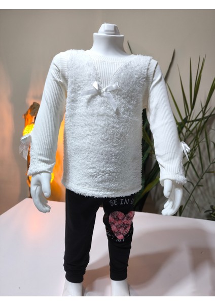 kışlık Fuzzy/peluş Gövdeli Fitilli Kollu Süveter Görünümlü Kız Çocuk Sweat Bluz