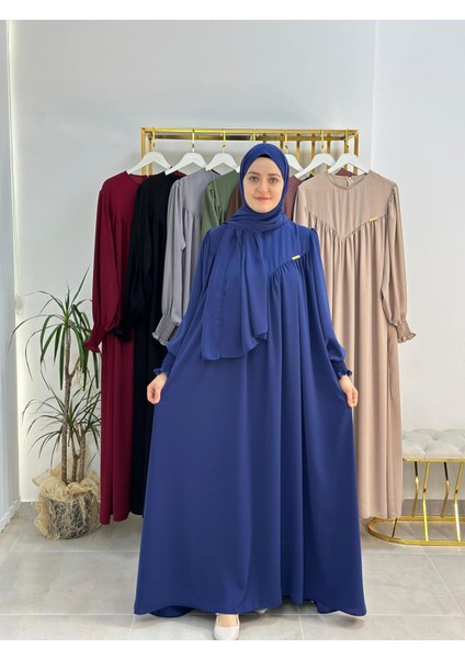 Sallı ,önü V Model Büzgülü Tesettür Elbise Takım ,ferrace,abaya, Hicab,hac ve Umre Için Uygun Indigo