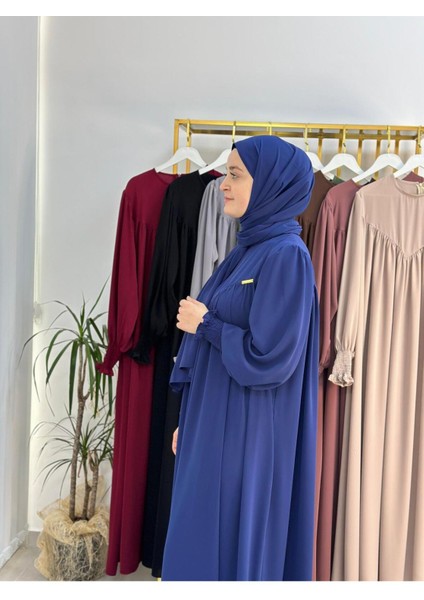 Sallı ,önü V Model Büzgülü Tesettür Elbise Takım ,ferrace,abaya, Hicab,hac ve Umre Için Uygun Indigo modelleri