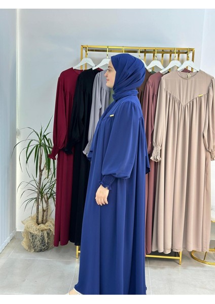 Sallı ,önü V Model Büzgülü Tesettür Elbise Takım ,ferrace,abaya, Hicab,hac ve Umre Için Uygun Indigo fırsatları