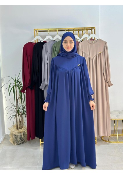 Tesettür Elbise,önü V Model Büzgülü,sufle Esarpla Takım.hijap ,khimar.hac Umre Için Uygundur Indigo