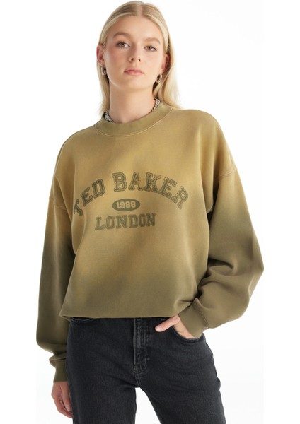 Bisiklet Yaka Baskılı Koyu Yeşil Kadın Sweatshırt TBWRTS1046