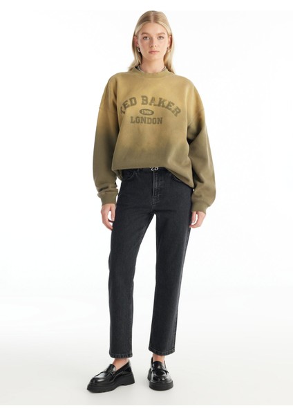 Bisiklet Yaka Baskılı Koyu Yeşil Kadın Sweatshırt TBWRTS1046 fiyatları