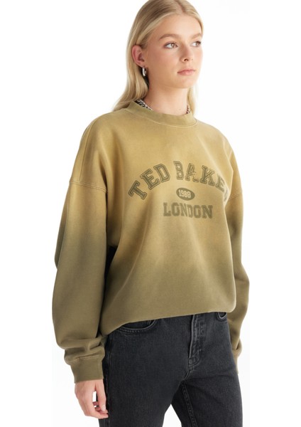 Bisiklet Yaka Baskılı Koyu Yeşil Kadın Sweatshırt TBWRTS1046 modelleri