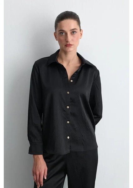 Krinkıl Saten Gömlek - Siyah