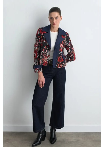 Jakar Desenli Fermuarlı Ceket - Kırmızı