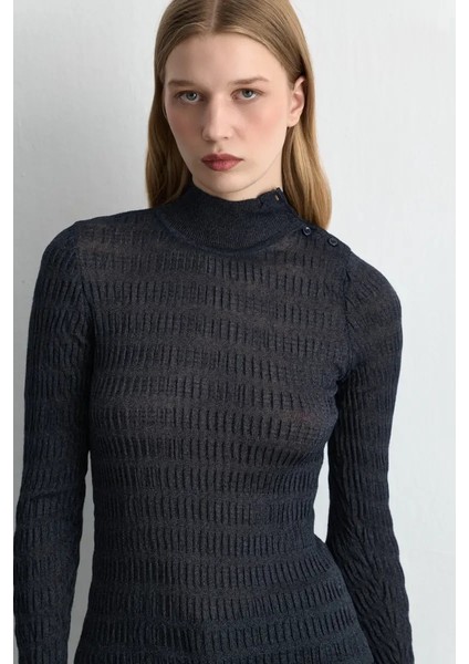 Dik Yakalı Gofreli Triko Bluz - Lacivert fiyatları