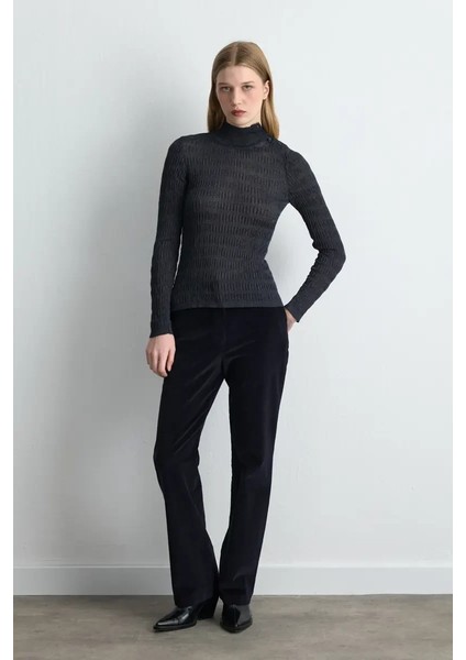 Dik Yakalı Gofreli Triko Bluz - Lacivert modelleri