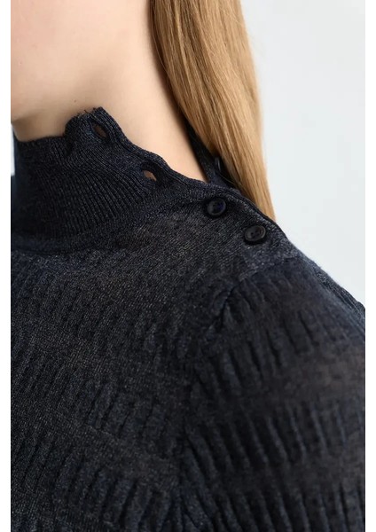 Dik Yakalı Gofreli Triko Bluz - Lacivert fırsatları