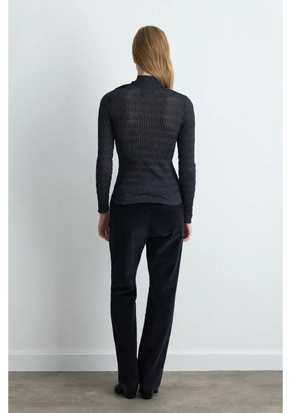 Dik Yakalı Gofreli Triko Bluz - Lacivert indirimleri