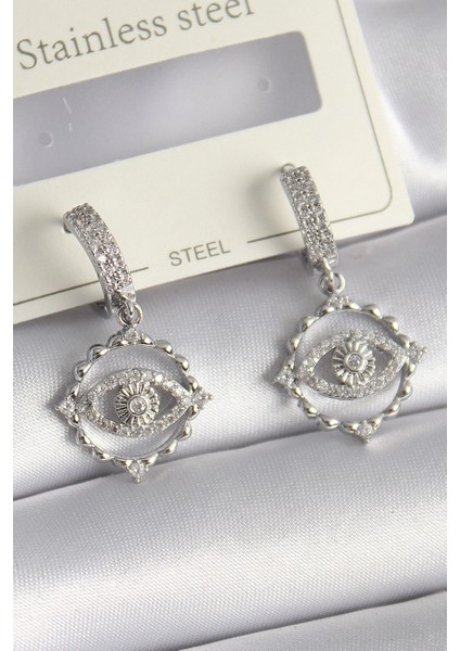 Pirinç Gümüş Renk Zirkon Taşlı Göz Model Kadın Kolye - TJ-BKP9734