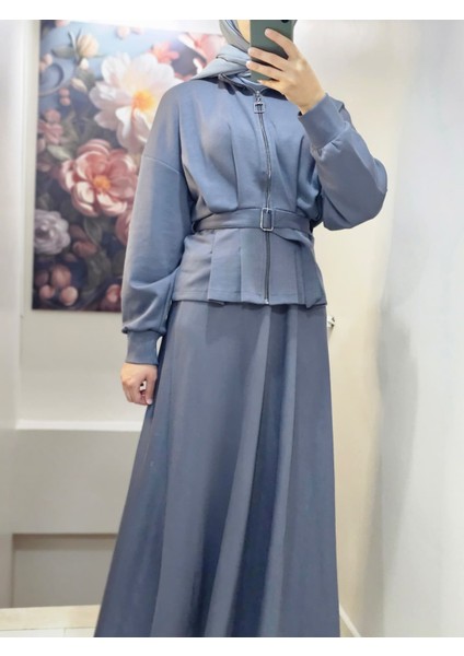 Kadın Tesettür Ikili Takım Etekli Ceketli Kuşaklı Eylül Takım