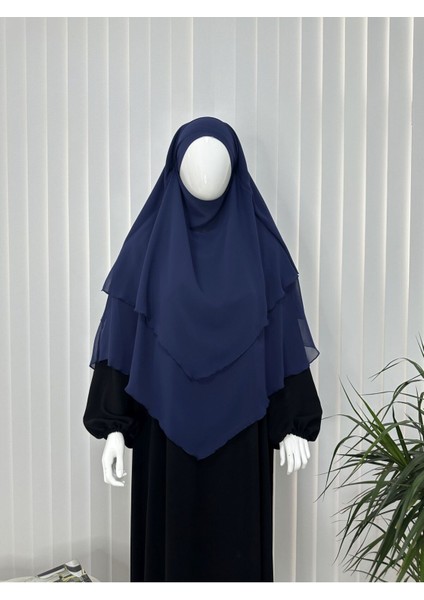 Üç Katlı Multı Sifon Sufle Eşarp ,khimar Hazır Eşarp Bağcıklı Eşarp Peçeli Indigo