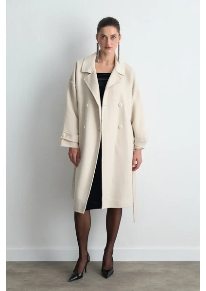 Kruvaze Astarsız Yün Kaban - Ekru