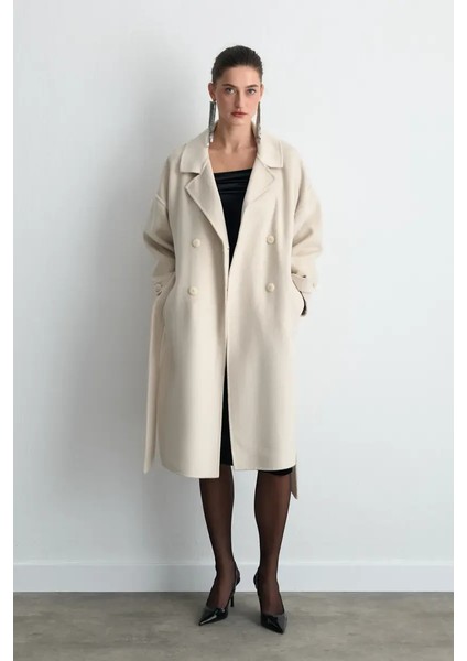 Kruvaze Astarsız Yün Kaban - Ekru fırsatları