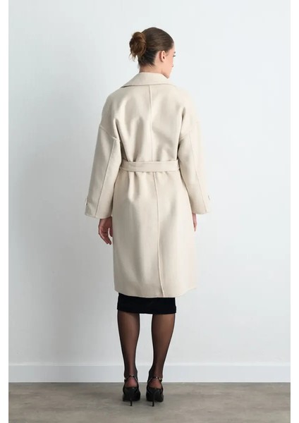 Kruvaze Astarsız Yün Kaban - Ekru indirimleri