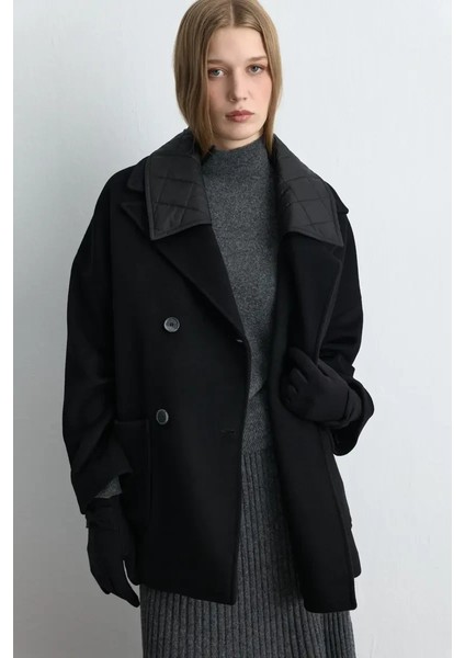 Kapitone Yakalı Yün Kaban - Siyah fiyatları